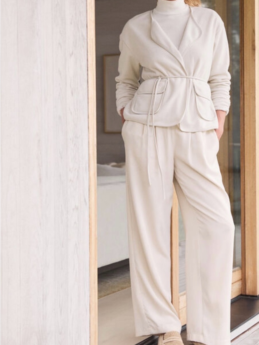 Haven Well Within Cream Tie-Waist Jacket with wide leg pants and striped blouse